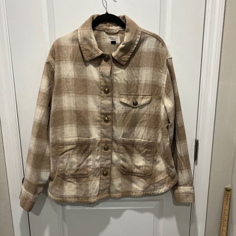 American Eagle Womens Shacket Plaid Brushed Flannel Tan Large